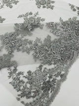 Eva Luxury Beaded Floral Lace Fabric - Black, Sage Green, Silver, Turquoise Floral Pattern, 54" Width (1 Yard)