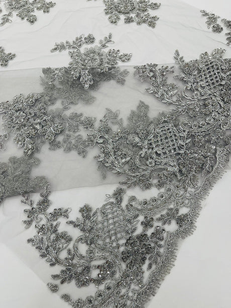Eva Luxury Beaded Floral Lace Fabric - Black, Sage Green, Silver, Turquoise Floral Pattern, 54" Width (1 Yard)