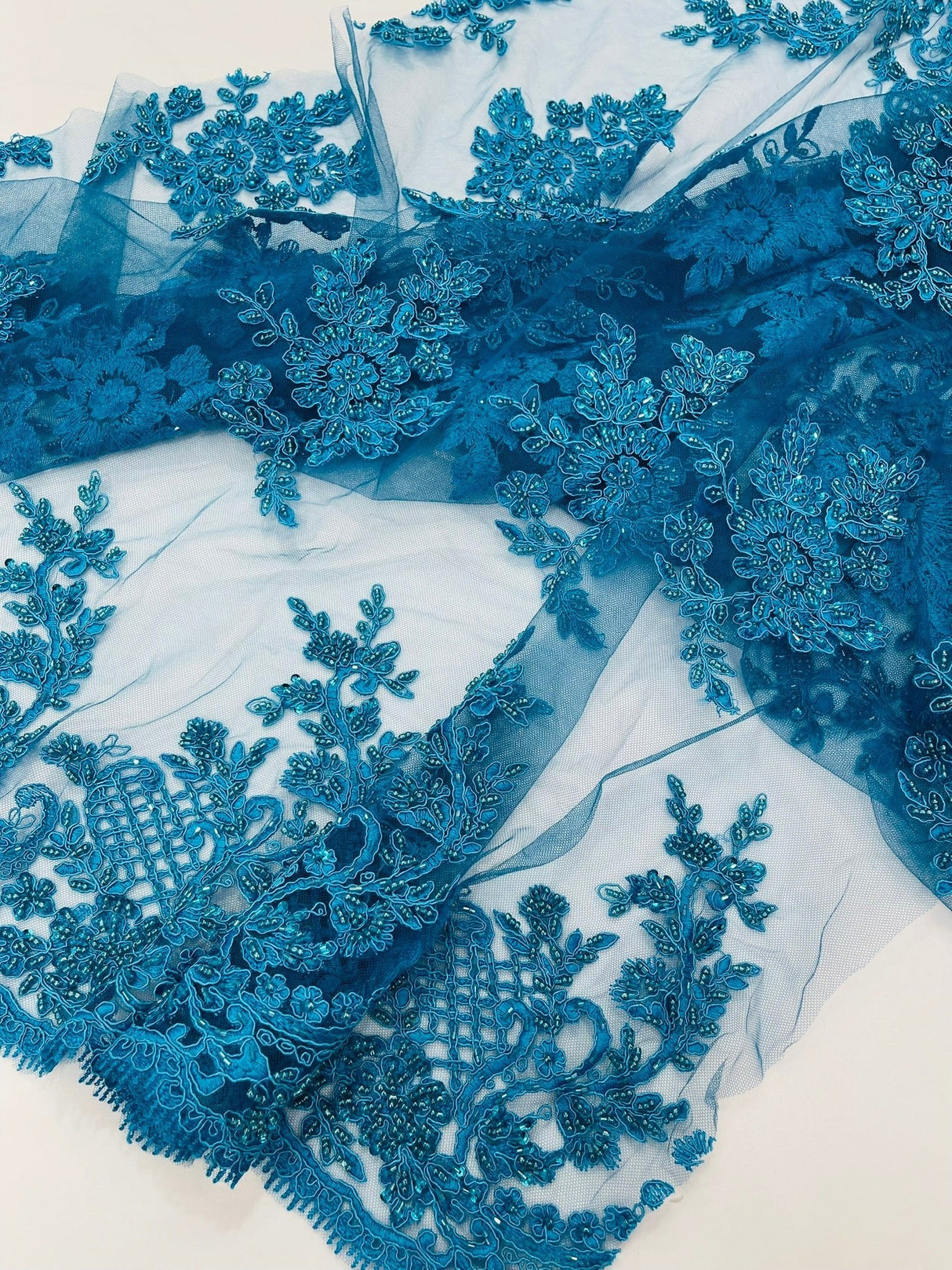 Eva Luxury Beaded Floral Lace Fabric - Black, Sage Green, Silver, Turquoise Floral Pattern, 54" Width (1 Yard)