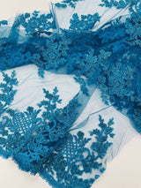 Eva Luxury Beaded Floral Lace Fabric - Black, Sage Green, Silver, Turquoise Floral Pattern, 54" Width (1 Yard)