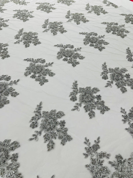 Eva Luxury Beaded Floral Lace Fabric - Black, Sage Green, Silver, Turquoise Floral Pattern, 54" Width (1 Yard)