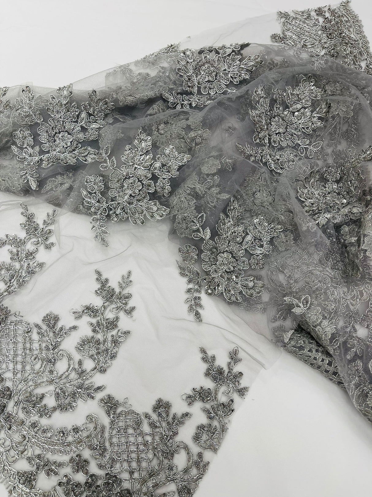 Eva Luxury Beaded Floral Lace Fabric - Black, Sage Green, Silver, Turquoise Floral Pattern, 54" Width (1 Yard)