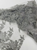 Eva Luxury Beaded Floral Lace Fabric - Black, Sage Green, Silver, Turquoise Floral Pattern, 54" Width (1 Yard)