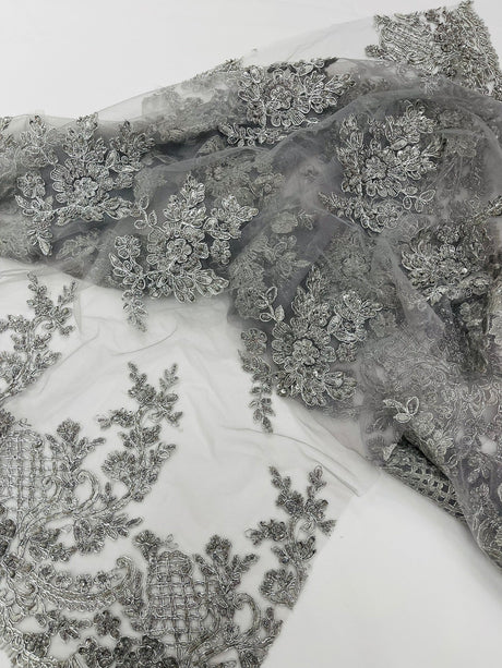 Eva Luxury Beaded Floral Lace Fabric - Black, Sage Green, Silver, Turquoise Floral Pattern, 54" Width (1 Yard)