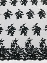 Eva Luxury Beaded Floral Lace Fabric - Black, Sage Green, Silver, Turquoise Floral Pattern, 54" Width (1 Yard)