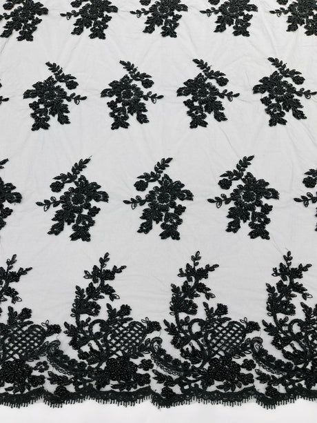 Eva Luxury Beaded Floral Lace Fabric - Black, Sage Green, Silver, Turquoise Floral Pattern, 54" Width (1 Yard)