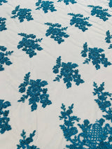 Eva Luxury Beaded Floral Lace Fabric - Black, Sage Green, Silver, Turquoise Floral Pattern, 54" Width (1 Yard)