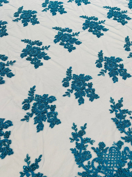 Eva Luxury Beaded Floral Lace Fabric - Black, Sage Green, Silver, Turquoise Floral Pattern, 54" Width (1 Yard)