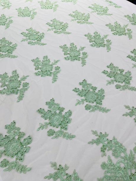 Eva Luxury Beaded Floral Lace Fabric - Black, Sage Green, Silver, Turquoise Floral Pattern, 54" Width (1 Yard)