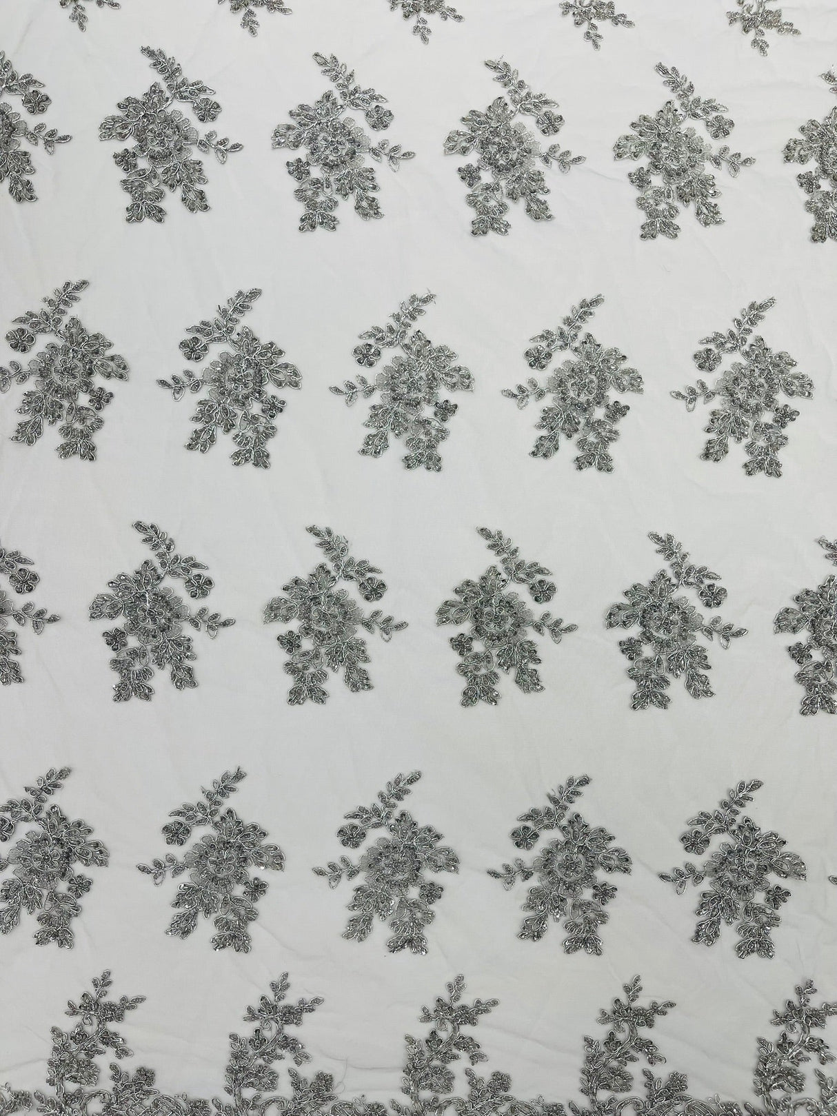 Eva Luxury Beaded Floral Lace Fabric - Black, Sage Green, Silver, Turquoise Floral Pattern, 54" Width (1 Yard)