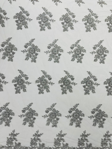 Eva Luxury Beaded Floral Lace Fabric - Black, Sage Green, Silver, Turquoise Floral Pattern, 54" Width (1 Yard)