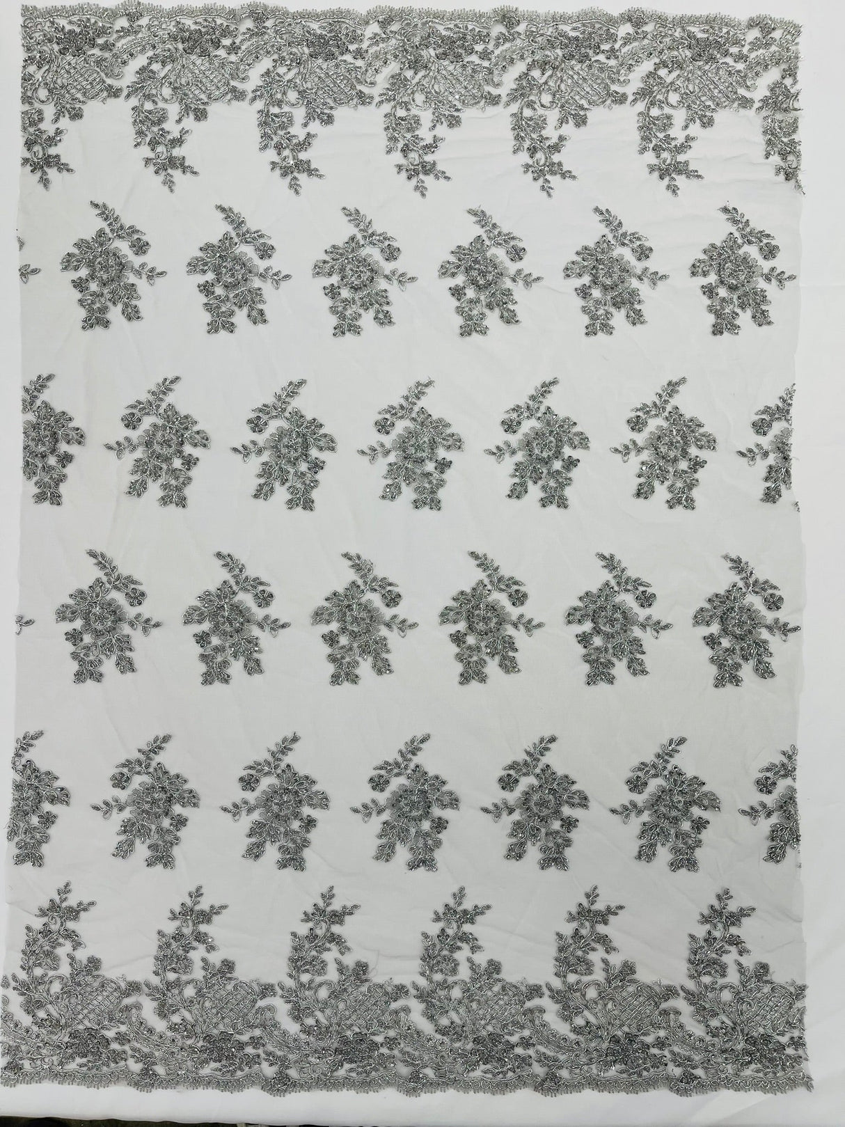 Eva Luxury Beaded Floral Lace Fabric - Black, Sage Green, Silver, Turquoise Floral Pattern, 54" Width (1 Yard)