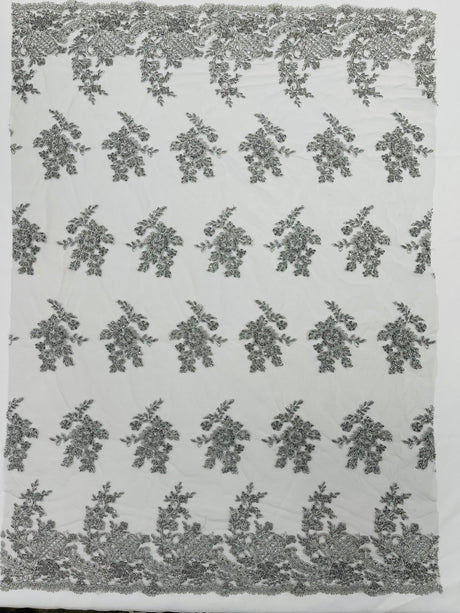 Eva Luxury Beaded Floral Lace Fabric - Black, Sage Green, Silver, Turquoise Floral Pattern, 54" Width (1 Yard)