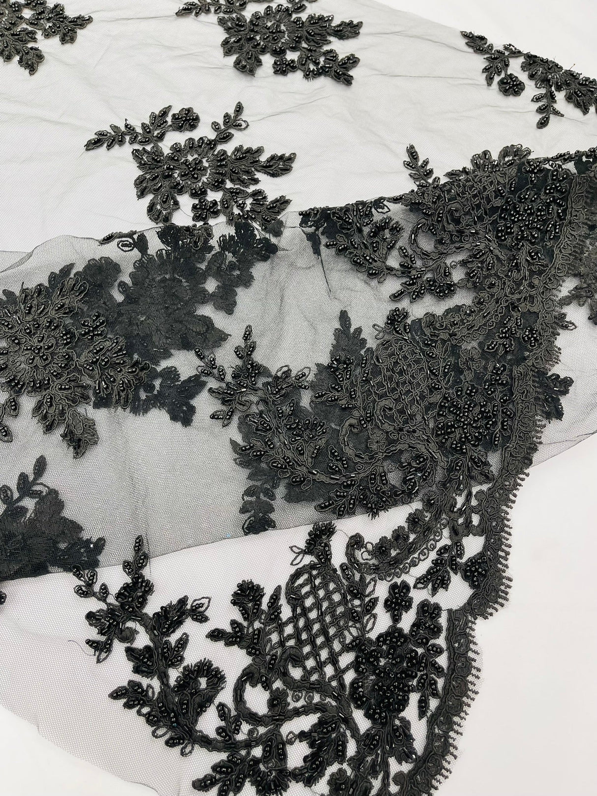 Eva Luxury Beaded Floral Lace Fabric - Black, Sage Green, Silver, Turquoise Floral Pattern, 54" Width (1 Yard)