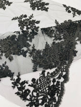 Eva Luxury Beaded Floral Lace Fabric - Black, Sage Green, Silver, Turquoise Floral Pattern, 54" Width (1 Yard)