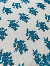 Eva Luxury Beaded Floral Lace Fabric - Black, Sage Green, Silver, Turquoise Floral Pattern, 54" Width (1 Yard)