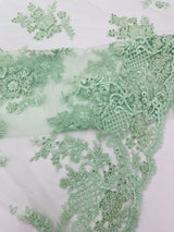 Eva Luxury Beaded Floral Lace Fabric - Black, Sage Green, Silver, Turquoise Floral Pattern, 54" Width (1 Yard)