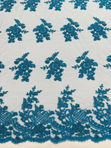Eva Luxury Beaded Floral Lace Fabric - Black, Sage Green, Silver, Turquoise Floral Pattern, 54" Width (1 Yard)