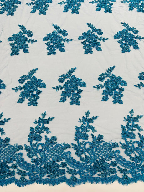 Eva Luxury Beaded Floral Lace Fabric - Black, Sage Green, Silver, Turquoise Floral Pattern, 54" Width (1 Yard)
