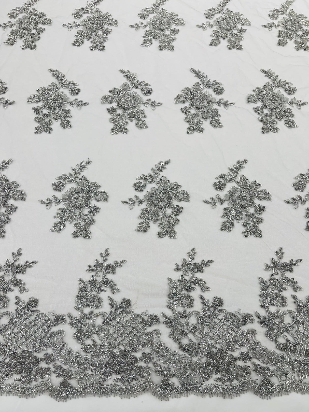 Eva Luxury Beaded Floral Lace Fabric - Black, Sage Green, Silver, Turquoise Floral Pattern, 54" Width (1 Yard)