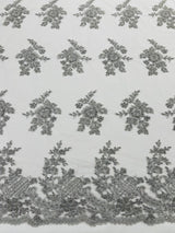 Eva Luxury Beaded Floral Lace Fabric - Black, Sage Green, Silver, Turquoise Floral Pattern, 54" Width (1 Yard)