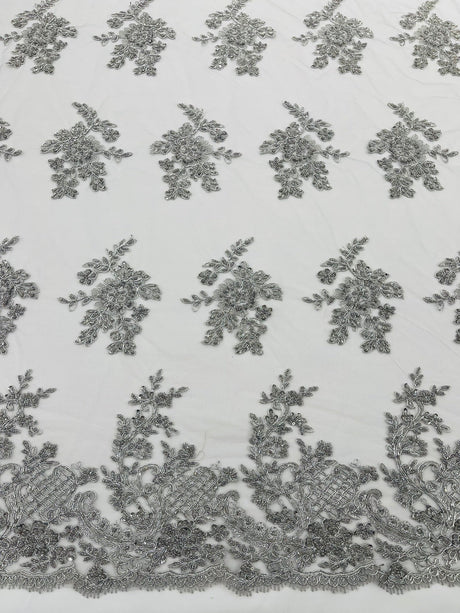 Eva Luxury Beaded Floral Lace Fabric - Black, Sage Green, Silver, Turquoise Floral Pattern, 54" Width (1 Yard)