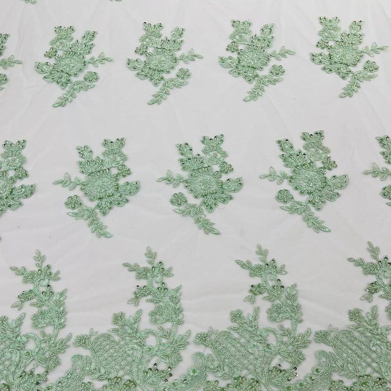 Eva Luxury Beaded Floral Lace Fabric - Black, Sage Green, Silver, Turquoise Floral Pattern, 54" Width (1 Yard)