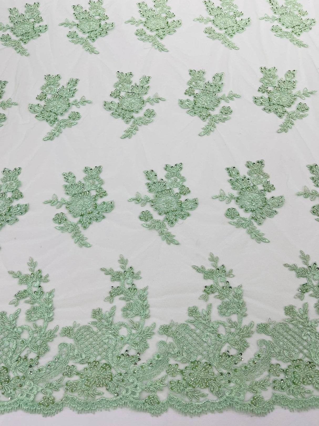 Eva Luxury Beaded Floral Lace Fabric - Black, Sage Green, Silver, Turquoise Floral Pattern, 54" Width (1 Yard)