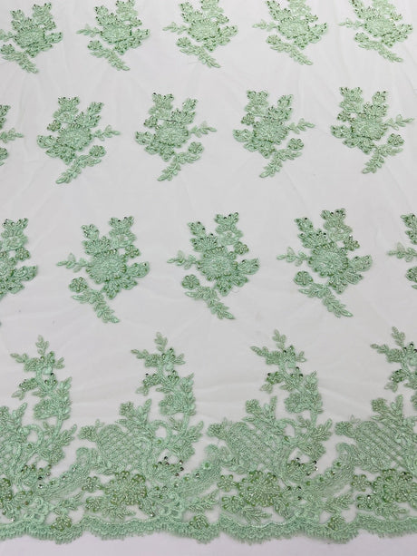 Eva Luxury Beaded Floral Lace Fabric - Black, Sage Green, Silver, Turquoise Floral Pattern, 54" Width (1 Yard)