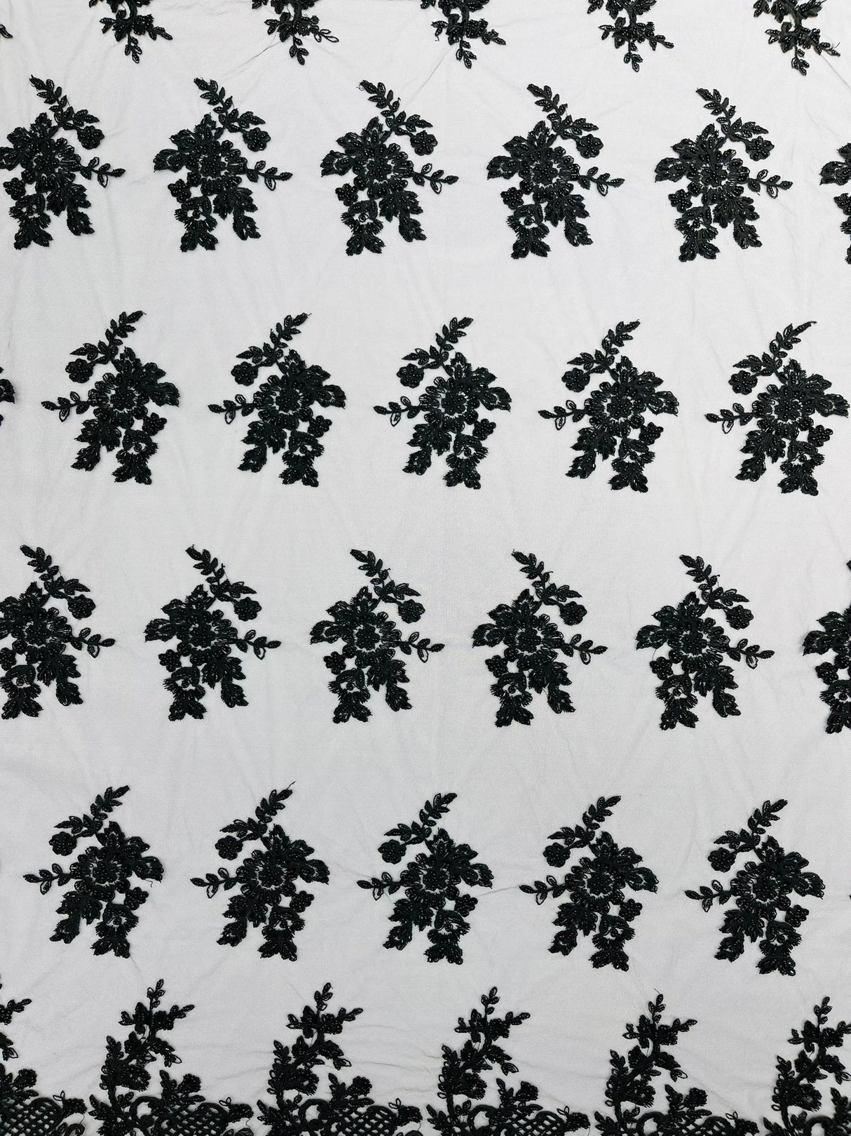 Eva Luxury Beaded Floral Lace Fabric - Black, Sage Green, Silver, Turquoise Floral Pattern, 54" Width (1 Yard)
