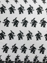 Eva Luxury Beaded Floral Lace Fabric - Black, Sage Green, Silver, Turquoise Floral Pattern, 54" Width (1 Yard)