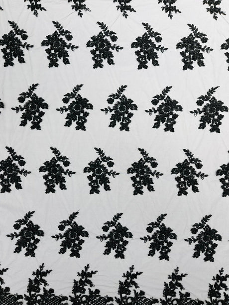 Eva Luxury Beaded Floral Lace Fabric - Black, Sage Green, Silver, Turquoise Floral Pattern, 54" Width (1 Yard)