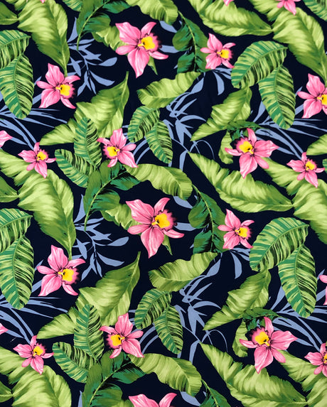 Big Hawaiian Flowers Poly Spandex Fabric - Green, Navy, Yellow, Fuchsia Floral Print, 58"-60" Width