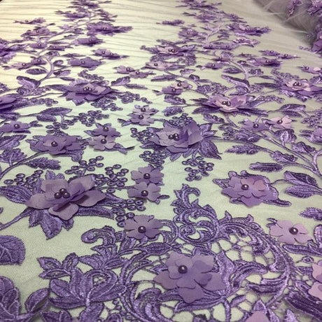 3D Embroidered Satin Floral Pearl Lace Fabric - 100 Percent Polyester Fabric, Floral Pearl Embroidery, 52" Width, 12" Panel (1 Yard)