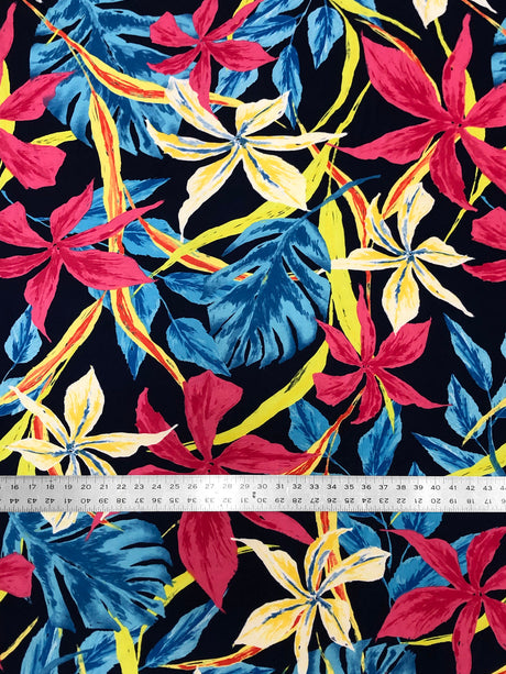 Dark Navy Background Big Flowers Polyester Spandex Fabric - Floral Print, 58" To 60" Width