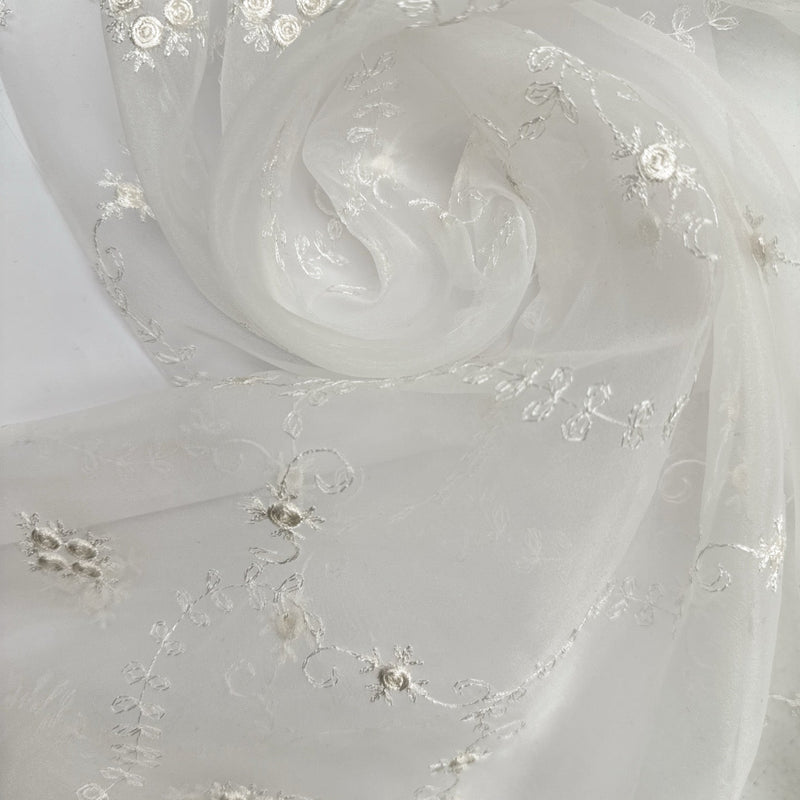 Polyamide Viscose Organza White Floral Embroidery
