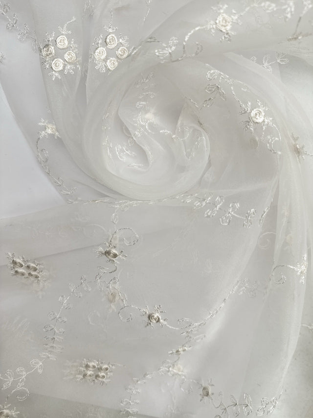 Polyamide Viscose Organza White Floral Embroidery