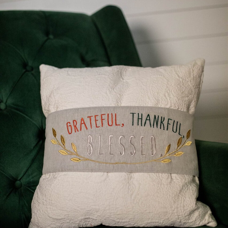Fabric “Grateful, Thankful, Blessed" Pillow Wrap (16"L x 6"H)
