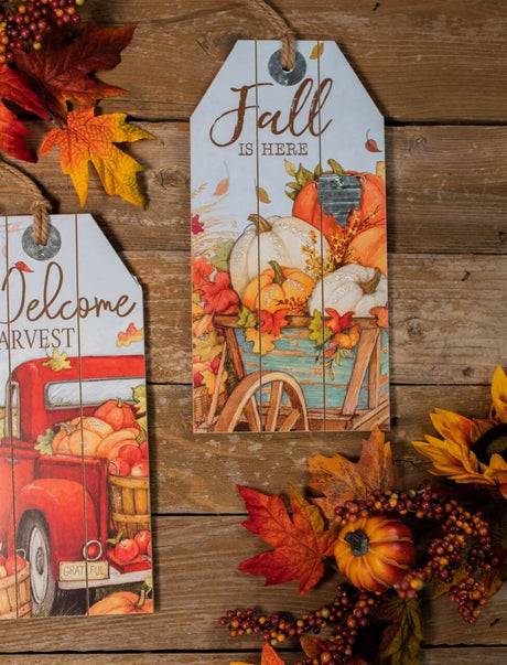 16” Wood Harvest Wall Hanging Decor Red Truck & Pumpkins