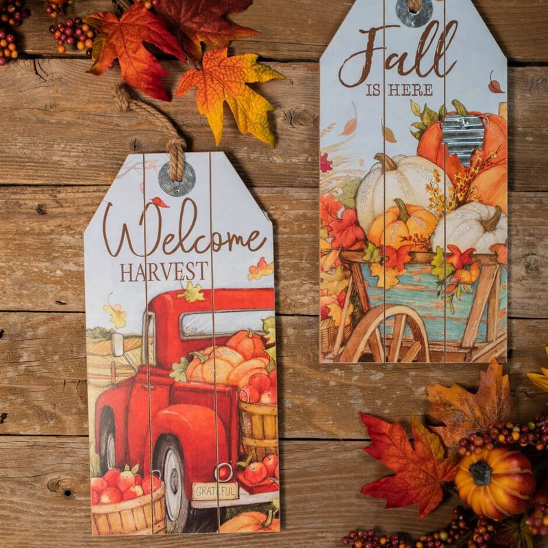 16” Wood Harvest Wall Hanging Decor Red Truck & Pumpkins