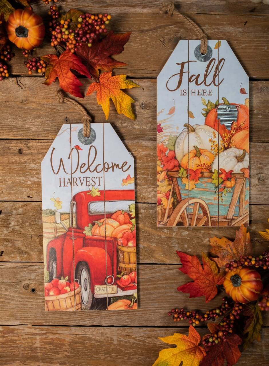 16” Wood Harvest Wall Hanging Decor Red Truck & Pumpkins