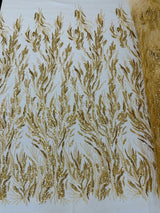 Fancy Vine Beaded Lace Polyester Fabric - Hand Beaded Vine Pattern, 54" Width (1 Yard)