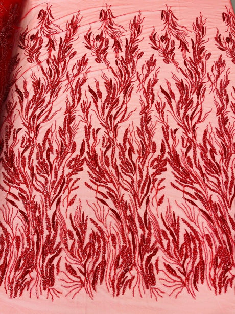 Fancy Vine Beaded Lace Polyester Fabric - Hand Beaded Vine Pattern, 54" Width (1 Yard)