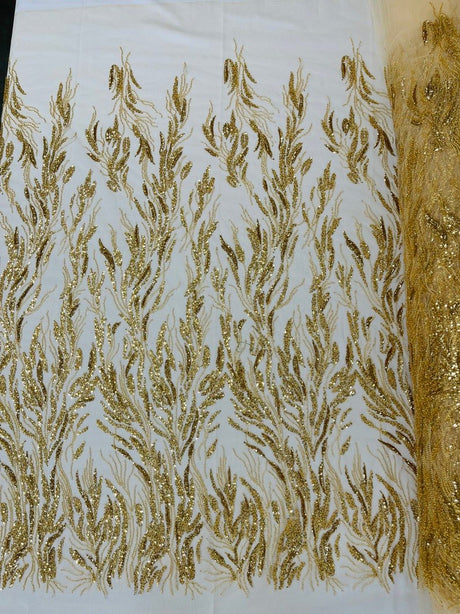 Fancy Vine Beaded Lace Polyester Fabric - Hand Beaded Vine Pattern, 54" Width (1 Yard)