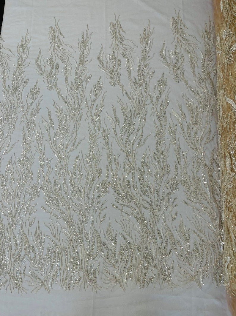 Fancy Vine Beaded Lace Polyester Fabric - Hand Beaded Vine Pattern, 54" Width (1 Yard)