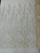 Fancy Vine Beaded Lace Polyester Fabric - Hand Beaded Vine Pattern, 54" Width (1 Yard)