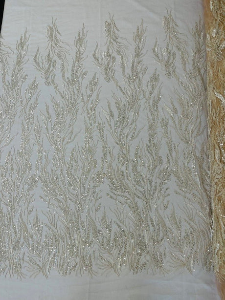 Fancy Vine Beaded Lace Polyester Fabric - Hand Beaded Vine Pattern, 54" Width (1 Yard)