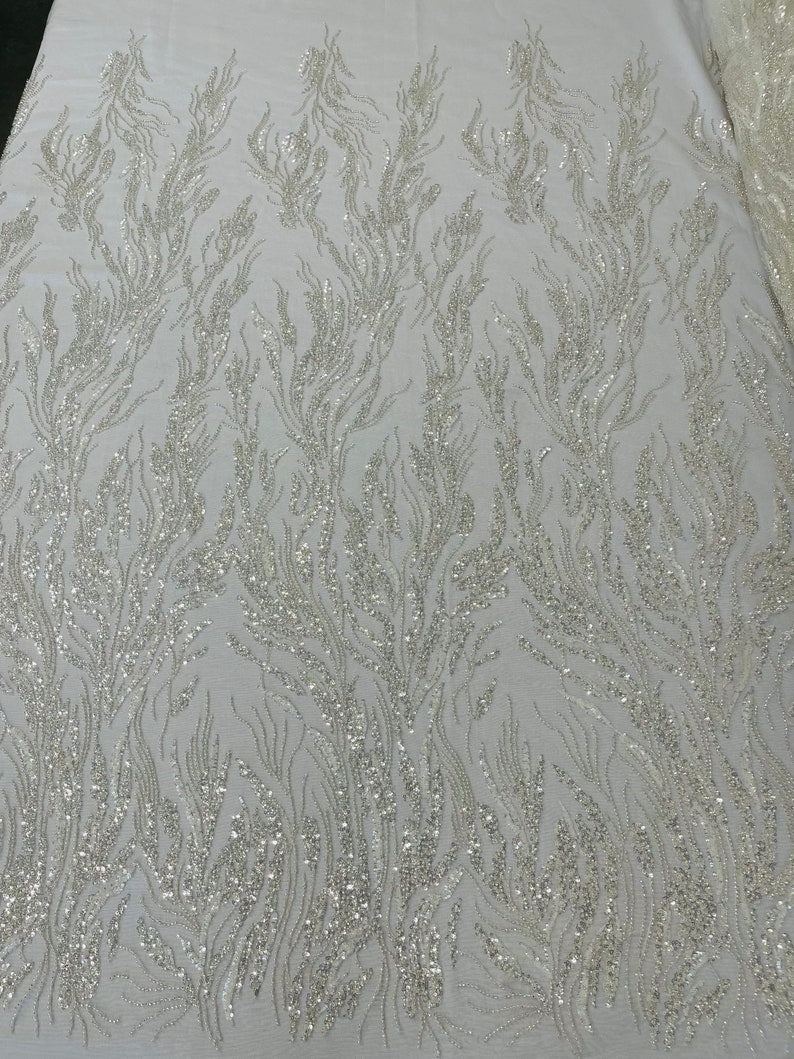 Fancy Vine Beaded Lace Polyester Fabric - Hand Beaded Vine Pattern, 54" Width (1 Yard)