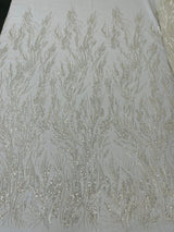 Fancy Vine Beaded Lace Polyester Fabric - Hand Beaded Vine Pattern, 54" Width (1 Yard)