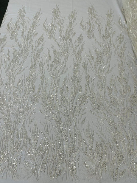 Fancy Vine Beaded Lace Polyester Fabric - Hand Beaded Vine Pattern, 54" Width (1 Yard)